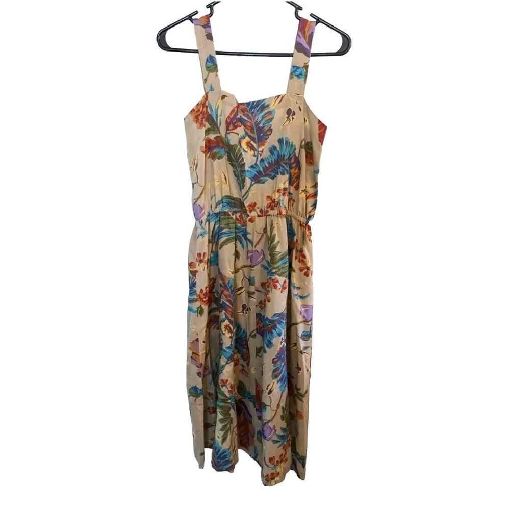 Vintage Handmade Tan Fit and Flare Sleeveless Tropical Sundress Size Small